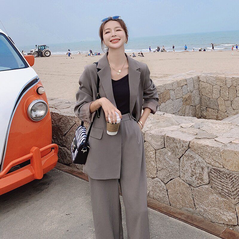 现货2021特色后背高开叉纽扣西装阔腿裤套装266-6699-P155K218,女装套装/套裙,浙宝266