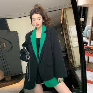 韩系廓形西装外套女春秋宽松假两件休闲黑色炸街时尚高级感小西服图片