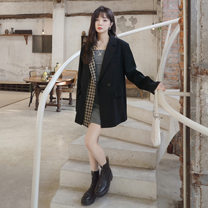 2025春秋新款韩版小个子设计感西服假两件格纹拼接西装外套女ins图片