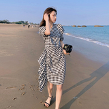 2021新款经典黑白格法式泡泡袖荷叶边连衣裙266-6663-P85K138，女装连衣裙，浙宝266