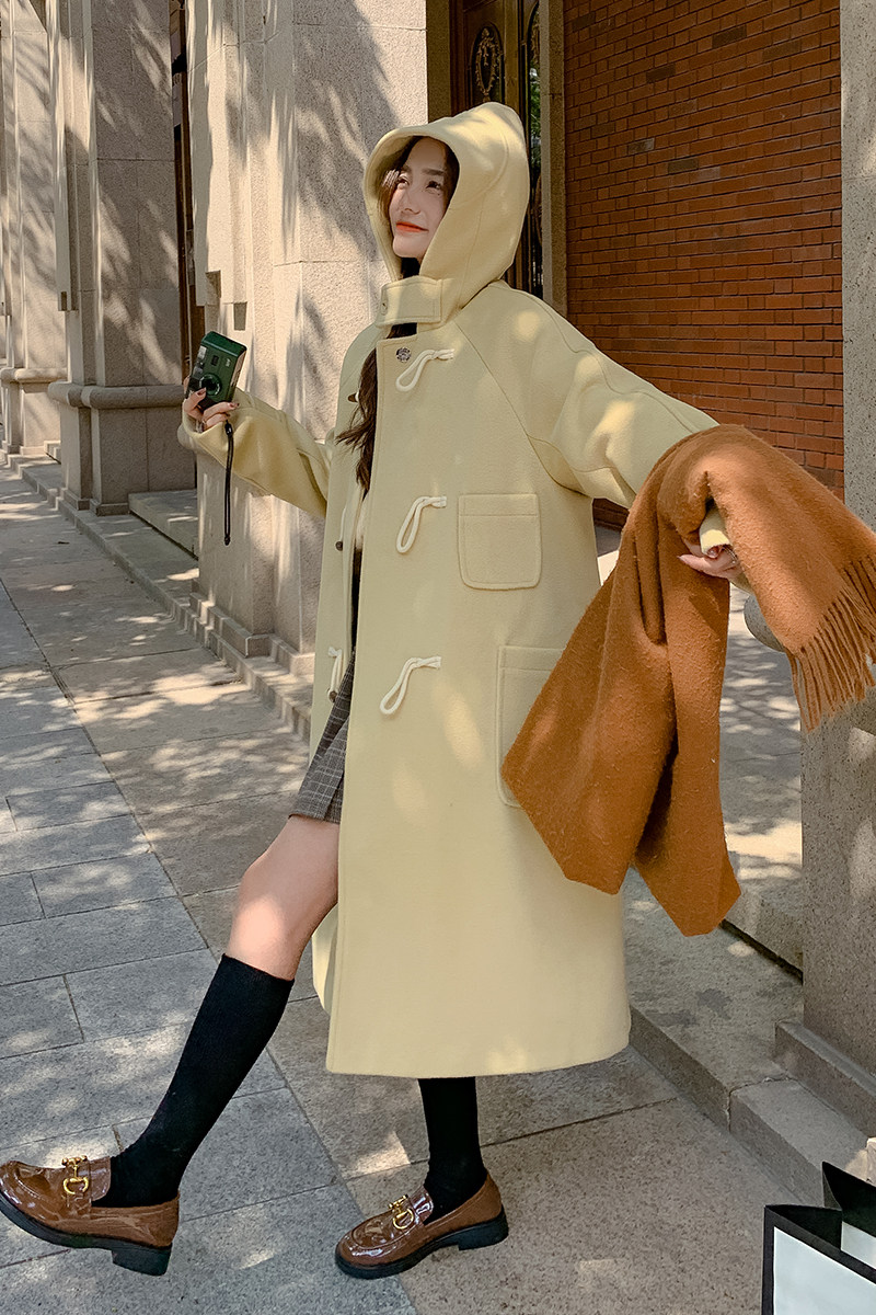 韩版学院风连帽牛角扣毛呢大衣女2025秋冬季新款显瘦长款呢子外套,女装毛呢外套,浙宝266