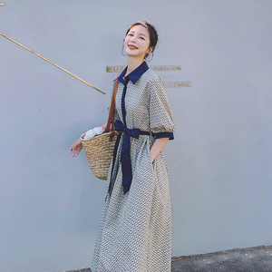 法式复古黄色格子衬衫连衣裙女春夏收腰2025年新款显瘦设计感长裙图片