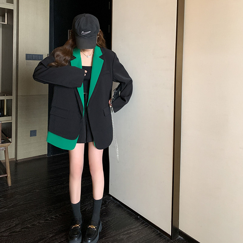 韩系廓形西装外套女春秋宽松假两件休闲黑色炸街时尚高级感小西服,女装西装,浙宝266