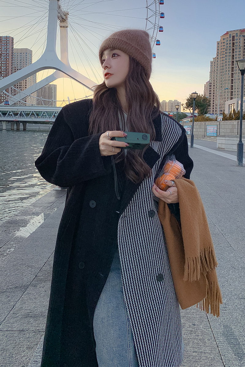 现货新款灯芯绒拼接条纹毛呢外套加厚夹棉266-2283,女装毛呢外套,浙宝266