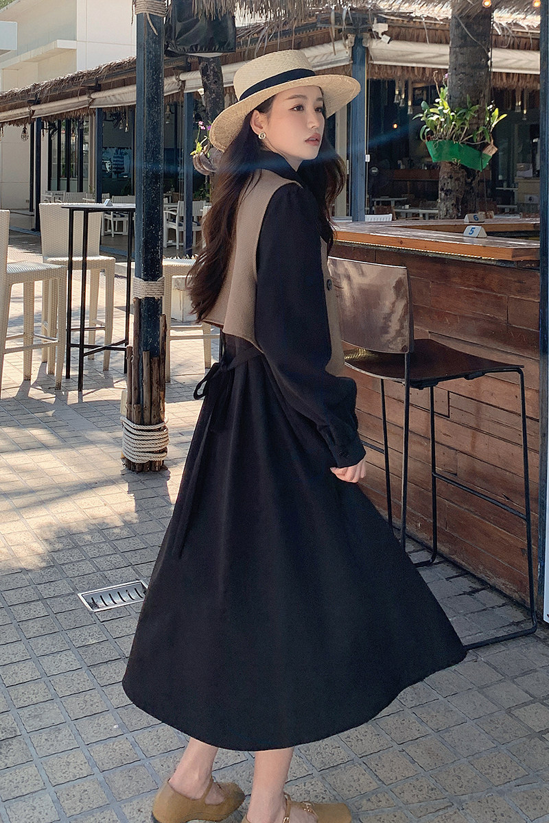 气质高级感穿搭马甲配黑色衬衫连衣裙女春秋2025新款轻熟长裙套装,女装连衣裙,浙宝266