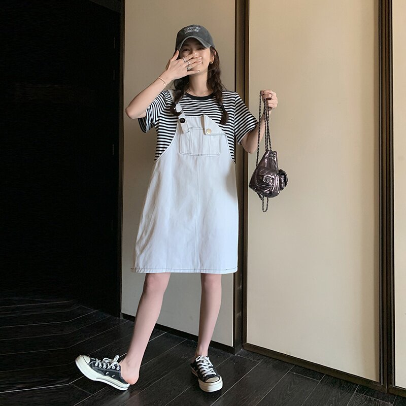 长裙短袖拼接夏季挂脖式连衣裙条纹假两件减龄网红,女装连衣裙,浙宝266