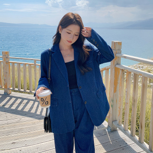 复古蓝色牛仔西装套装女2025秋季新款高级感休闲外套阔腿裤两件套图片