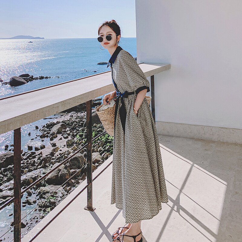 现货盐缩全棉品质高格子花撞色连衣裙266-6677,女装连衣裙,浙宝266