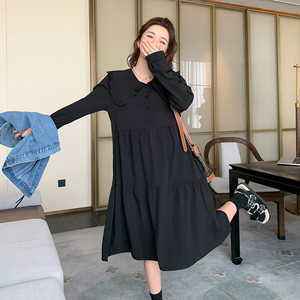 娃娃领黑色连衣裙女2025春季新款韩版时尚宽松牛仔马甲长裙两件套图片