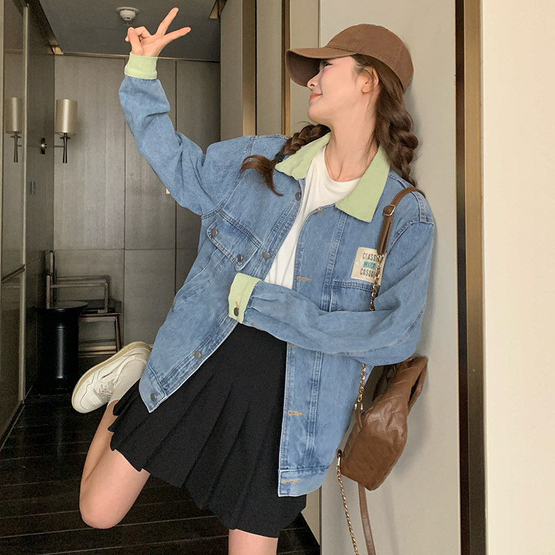 蓝色拼接灯芯绒翻领牛仔外套女春秋新款韩版气质宽松夹克百搭上衣,女装短外套,浙宝266