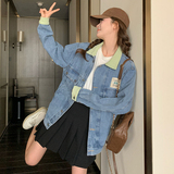 蓝色拼接灯芯绒翻领牛仔外套女春秋新款韩版气质宽松夹克百搭上衣，女装短外套，浙宝266