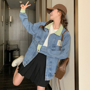蓝色拼接灯芯绒翻领牛仔外套女春秋新款韩版气质宽松夹克百搭上衣图片