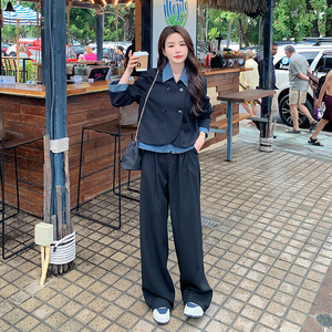档口现货  数据好 牛仔拼接假两件西装套装266-2325-P160K228图片