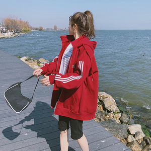 2021新款三色撞色三条杠织带连帽卫衣开衫266-P95K148,女装卫衣/绒衫,浙宝266