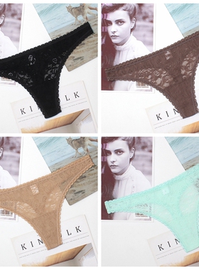 2月更欧美tback运动风T裤性感网纱蕾丝边中低腰棉裆无痕丁字内裤