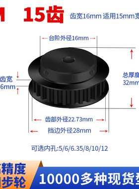 同步轮5M15齿发黑B齿宽16内孔5 6 6.35 8 10现货皮带同步带轮钢5M