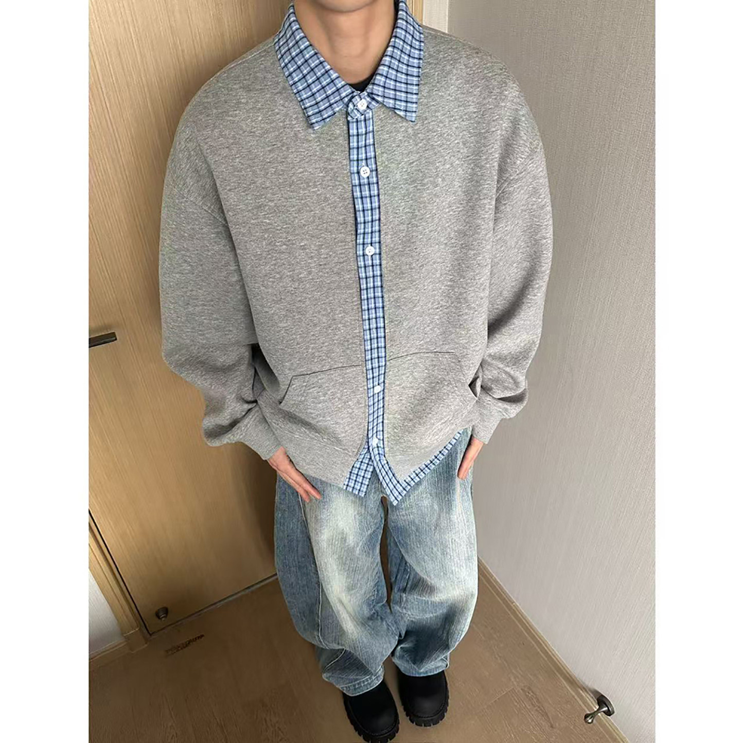 美式复古假两件卫衣开衫男秋季格子拼接设计感cleanfit慵懒风外套,男装卫衣,电商A440