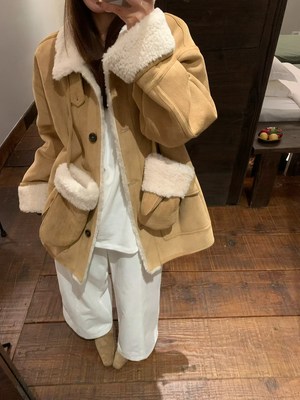 韩系huayuan2025新款麂皮绒皮毛一体外套女中长款宽松加厚大衣