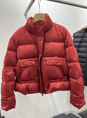 欧货2025冬季新款红色缎面90白鹅绒羽绒服女抽绳收腰显瘦立领短款