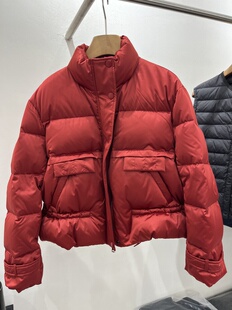 欧货2025冬季新款红色缎面90白鹅绒羽绒服女抽绳收腰显瘦立领短款