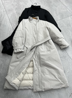 欧洲站欧货2025新款立领长款鹅绒服女黑色收腰风衣羽绒服外套潮