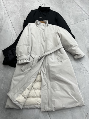 欧洲站欧货2025新款立领长款鹅绒服女黑色收腰风衣羽绒服外套潮