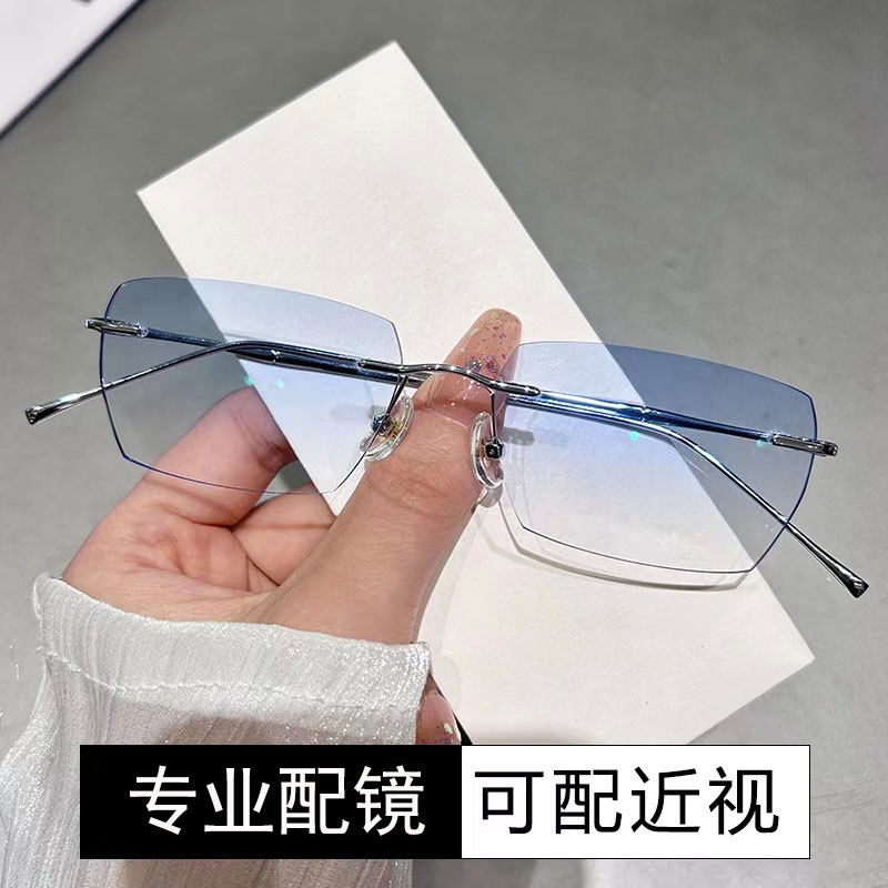 超轻纯钛无框眼镜男配有度数加散光复古近视眼镜框大脸无边框眼睛