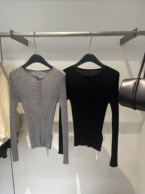 PA跑量2025秋季品质弹力纽扣针织衫圆领羊毛打底衫修身长袖女上衣