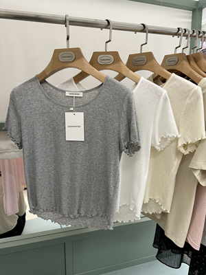 Mmt木耳边短袖纯色薄款T恤女春夏修身休闲简约百搭打底上衣