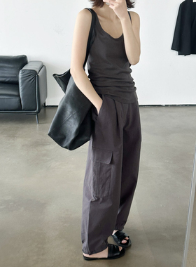 Spa新款灰色复古灰色宽松弯刀裤后松紧腰工装裤美式高街裤子