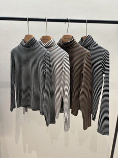 Hygge秋冬新款女装磨毛条纹打底衫女半高领内搭保暖上衣长袖t恤