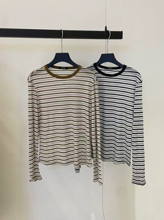 圆领显瘦外穿上衣 薄款 KP条纹撞色正肩长袖 T恤内搭春秋新款