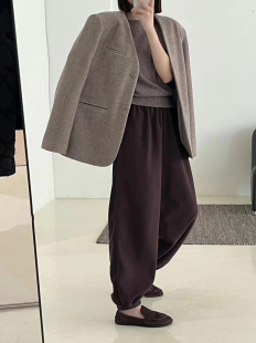 特价SPA 品质燕麦色上衣时尚V领西装毛呢气质女装羊毛西服短外套