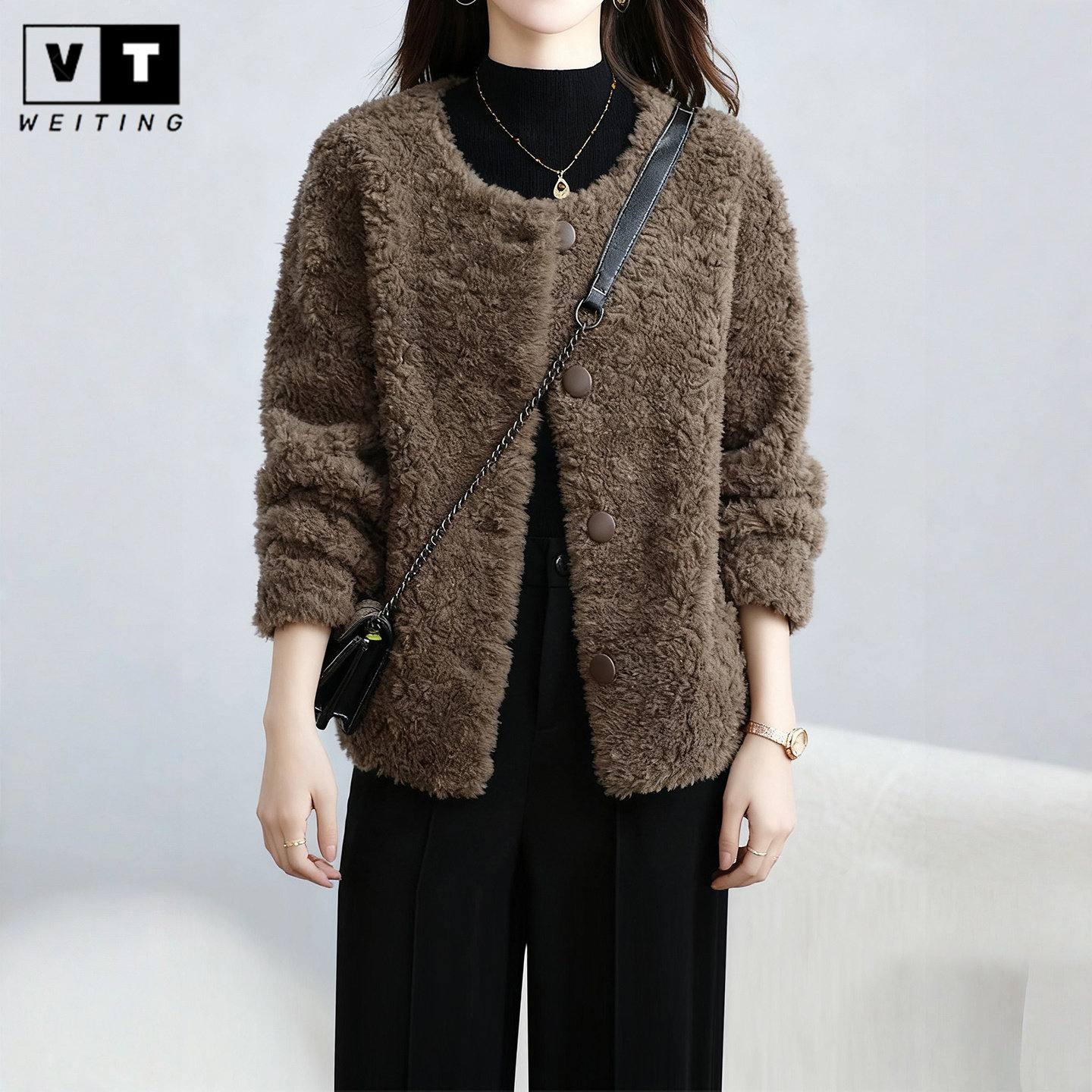 WEI TING海宁小香风颗粒羊剪绒皮草外套女冬季时尚圆领羊羔毛大衣