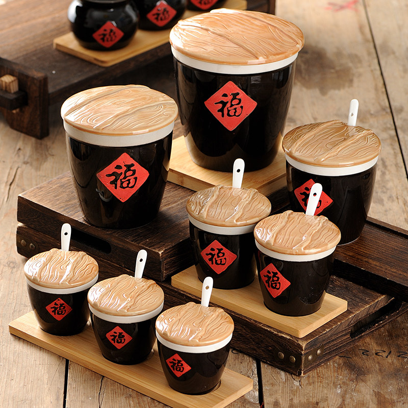 创意小福字缸小酱缸福缸小陶瓷调料调味缸陶瓷酒店辣椒复古竹木盖,厨房/烹饪用具,调味瓶罐/调料研磨器,淘宝优惠券,粉丝福利购,淘宝优惠卷