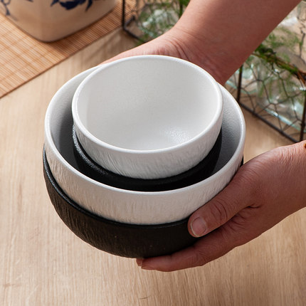 日式岩纹碗4.5寸米饭黑色白色陶瓷斗笠瓷碗6英寸大碗家用面碗瓷