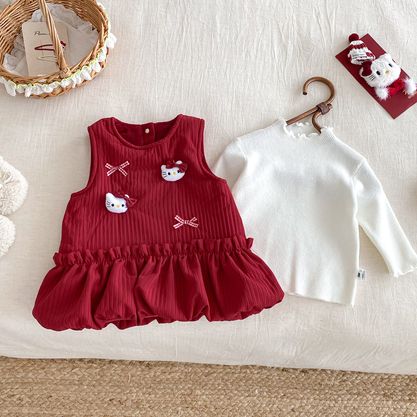 点兮冬季新款婴幼儿加绒加厚连衣裙套装女宝宝背心裙针织衫两件套