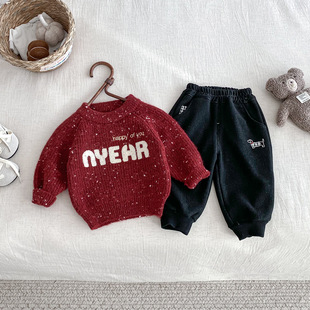 点兮冬季新款婴幼儿加厚字母毛衣套装宝宝雪花针织衫休闲裤两件套