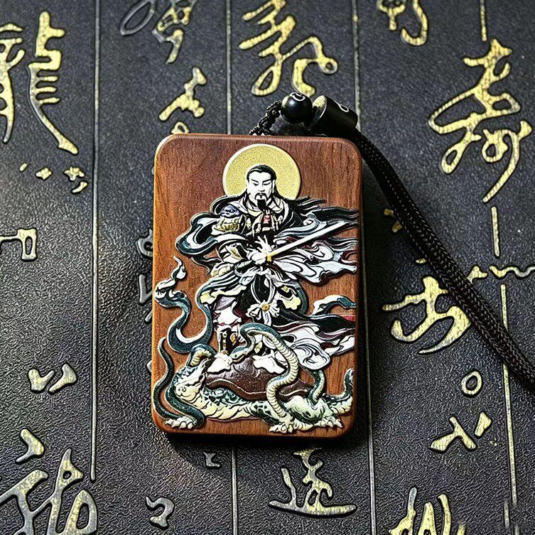 雷击枣木无事牌真武大帝立体彩绘精雕挂件吊坠朱砂双面雕刻木制品