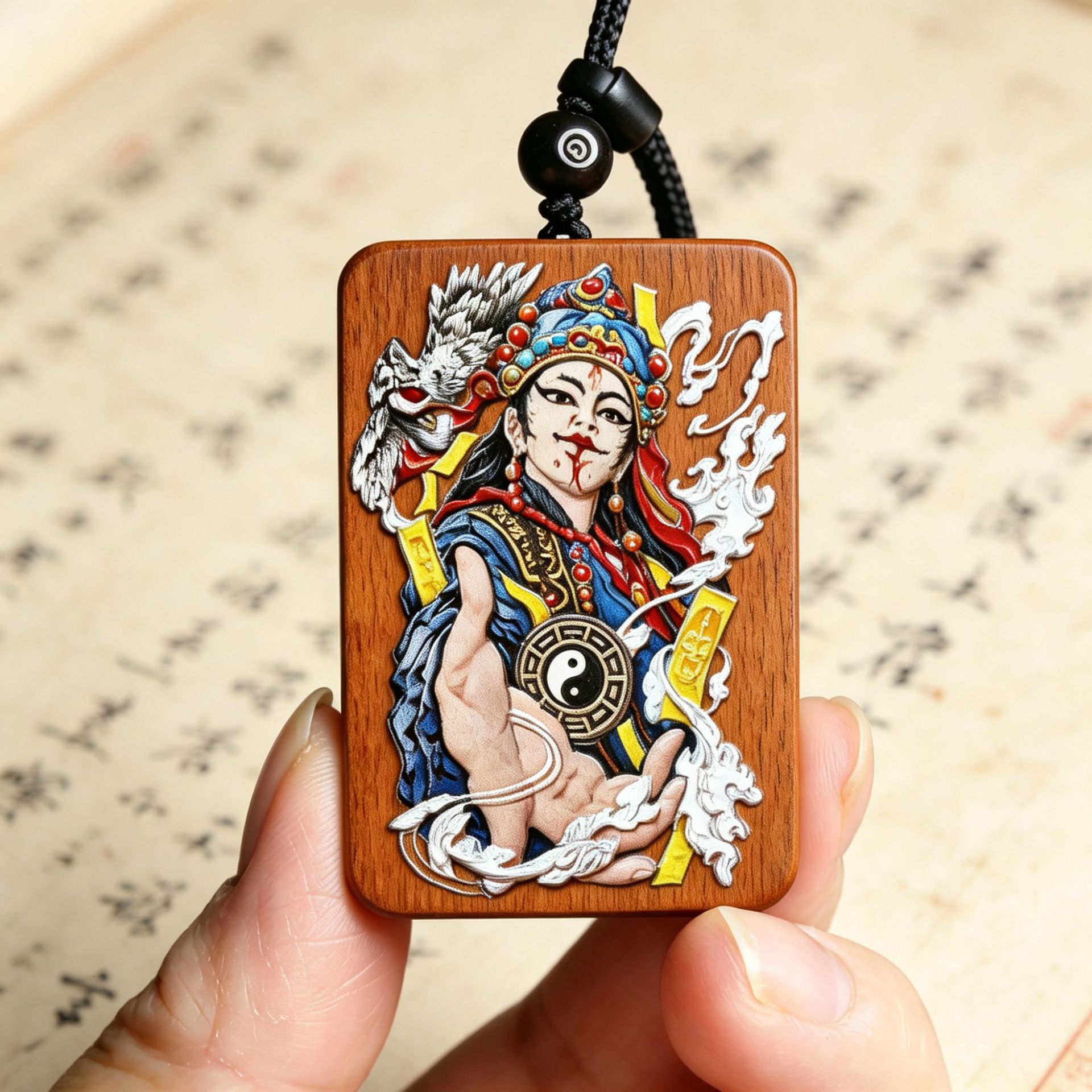 雷击枣木无事牌白鹤童子立体彩绘精雕挂件吊坠朱砂双面雕刻木质品