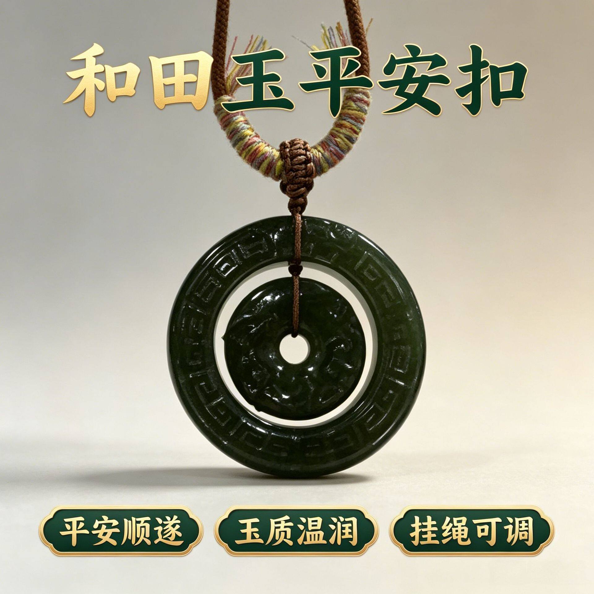 新疆和田玉吊坠双环平安扣项链碧玉项链饰品玉石珠宝毛衣链批发