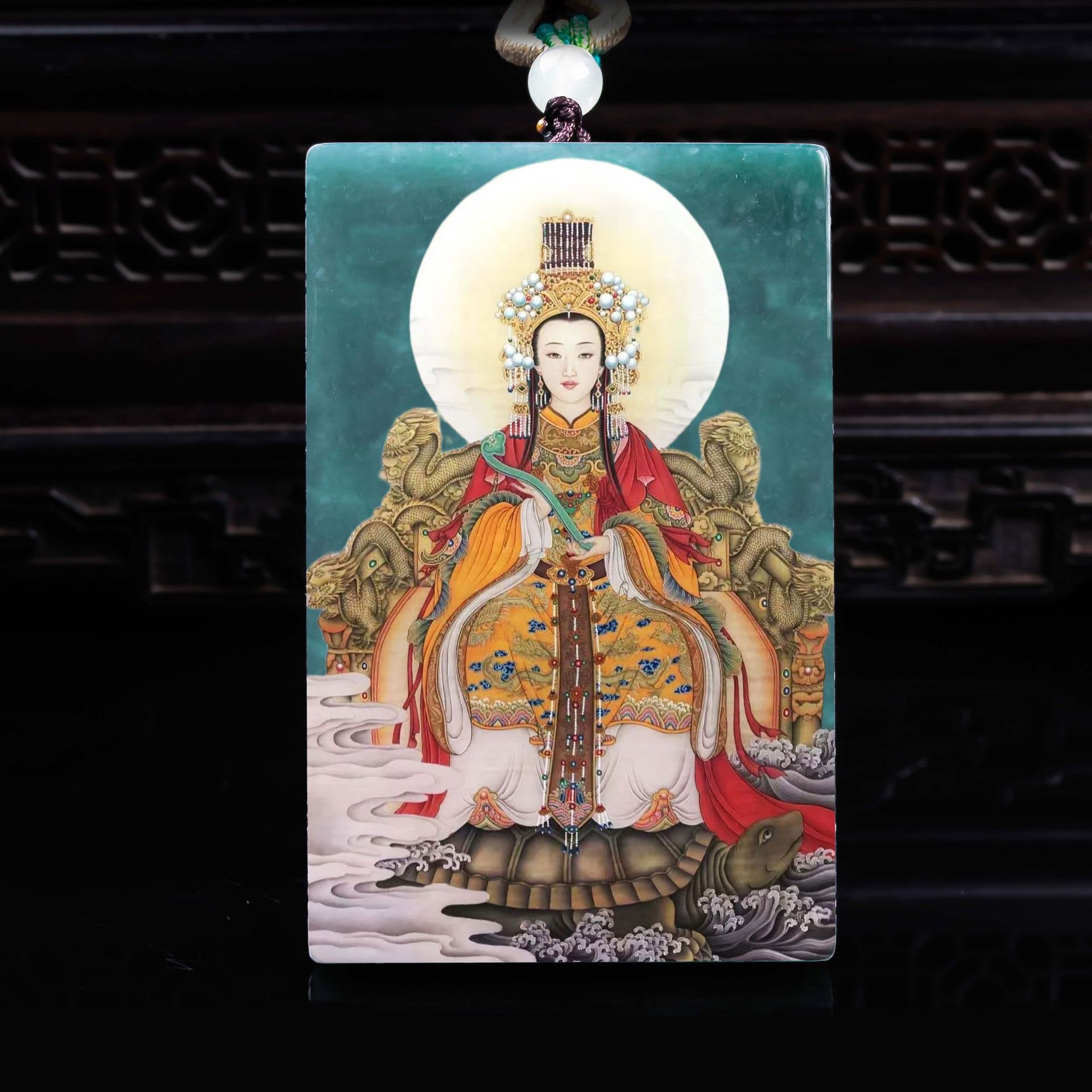 天然A货翡翠妈祖双面精工超清喷绘高冰种老玉石吊坠挂件玉美