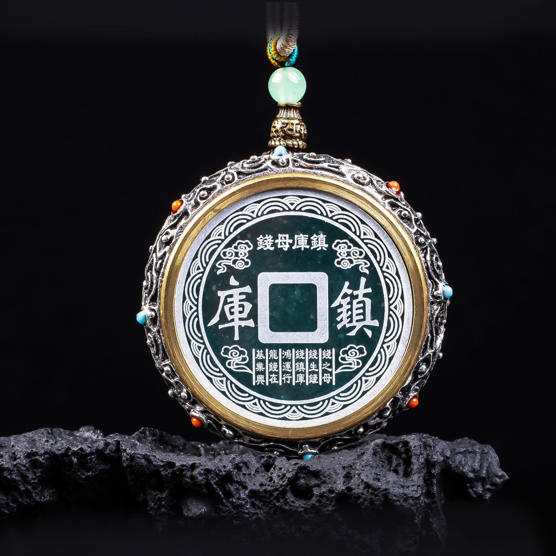 天然A货翡翠镇库母钱转运轮款镶嵌精工玉石吊坠挂件玉佩玉美