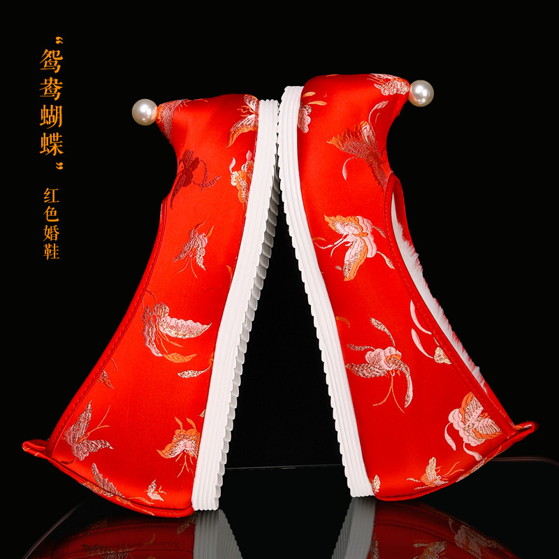 七月荷红色织金锦缎结婚鞋女汉服图片
