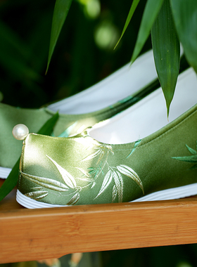 幽竹七月荷2026汉服鞋织锦缎古风绿色古装布鞋防滑透气软久站不累