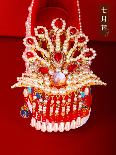 秀禾服婚鞋女正红手工串珠重工