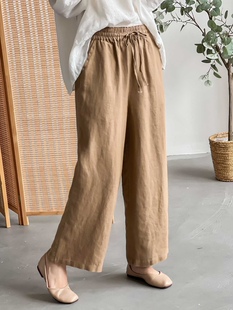显瘦百搭松紧腰女亚麻直筒小阔腿系绳子裤 休8292 韩版 新款
