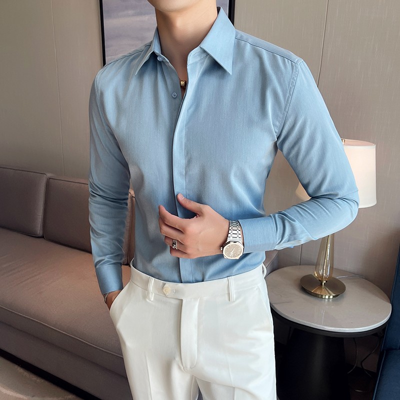 衬衫男长袖大尖领通勤休闲百搭高级感浅蓝色商务正装修身暗扣衬衣