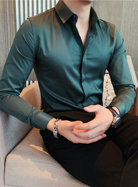 男士职业正装加绒暗扣衬衫韩版修身商务休闲免烫衬衣男长袖墨绿色