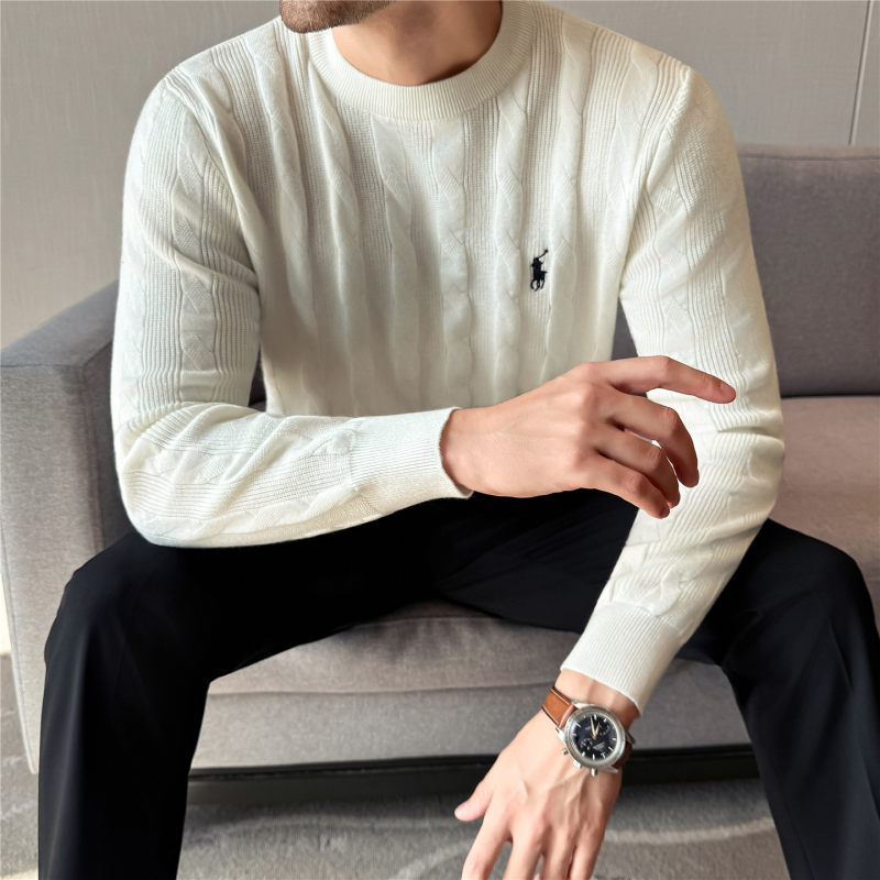 老钱风小战马刺绣羊毛针织衫男轻熟风秋冬装内搭厚款圆领提花毛衣